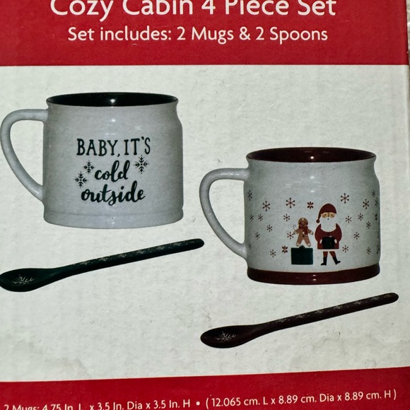 Beautifully decorated Christmas holiday ceramic cozy cabin 4-piece mug set, - Picture 2 of 3